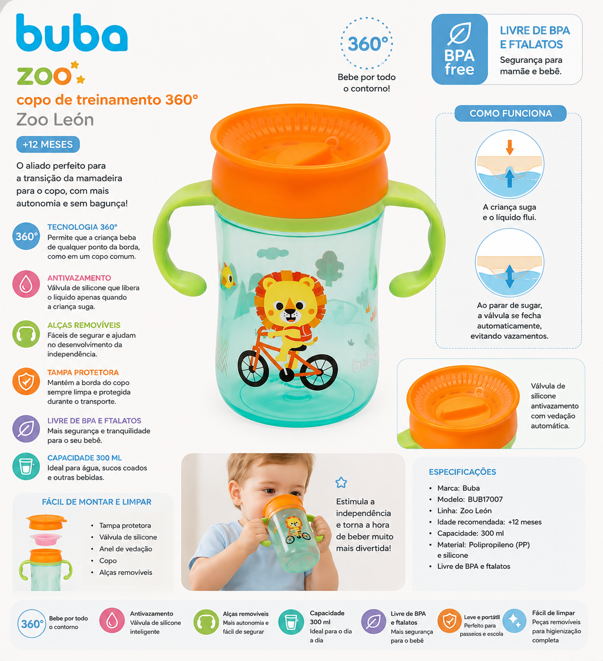 Buba Vaso de Entrenamiento 360° Zoo León 300 ml +12M – BUB17007 🦁💚