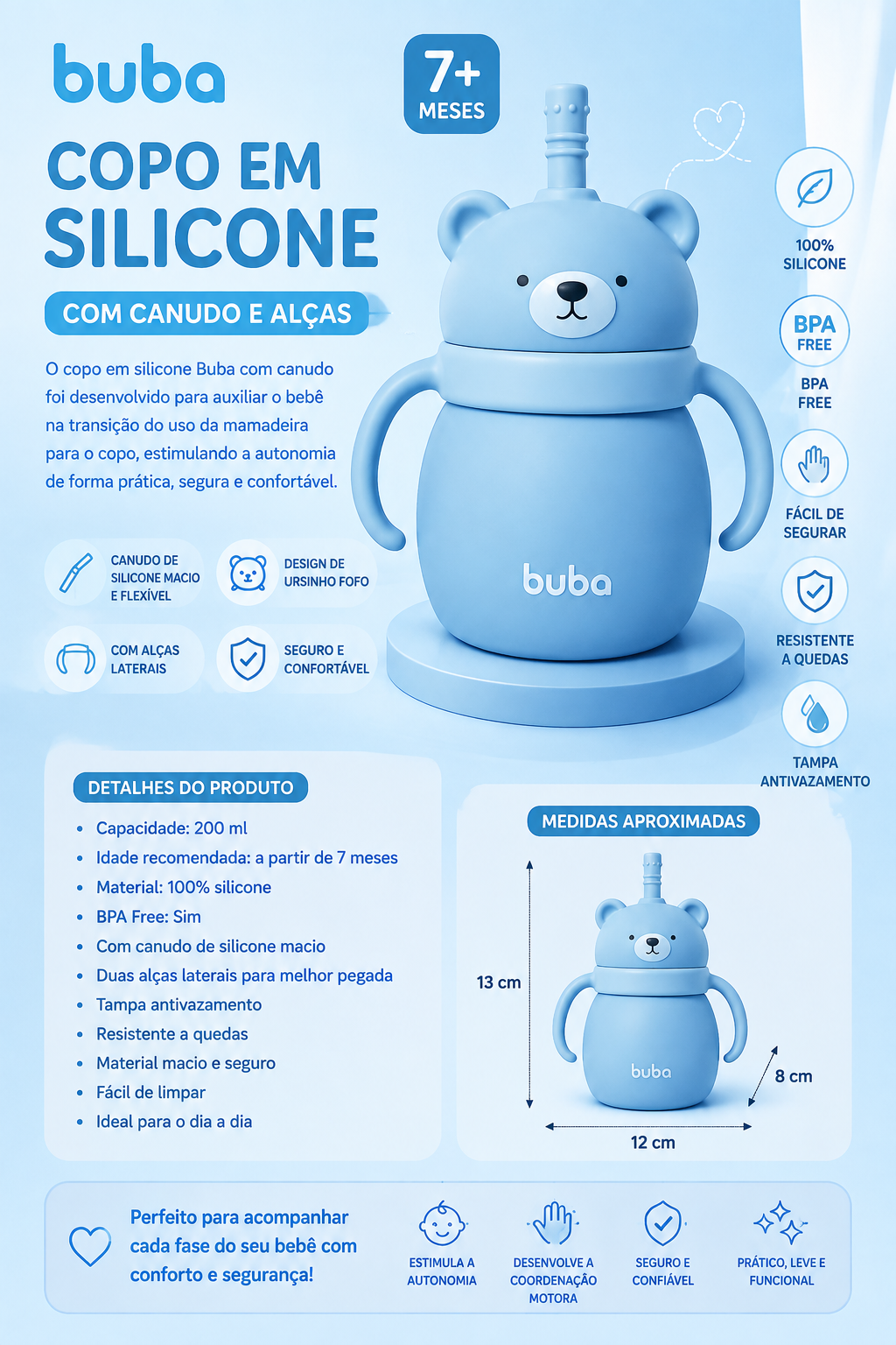 Buba Vaso de Silicona con Pajita Osito Azul 200ml 7m+ BUB19689