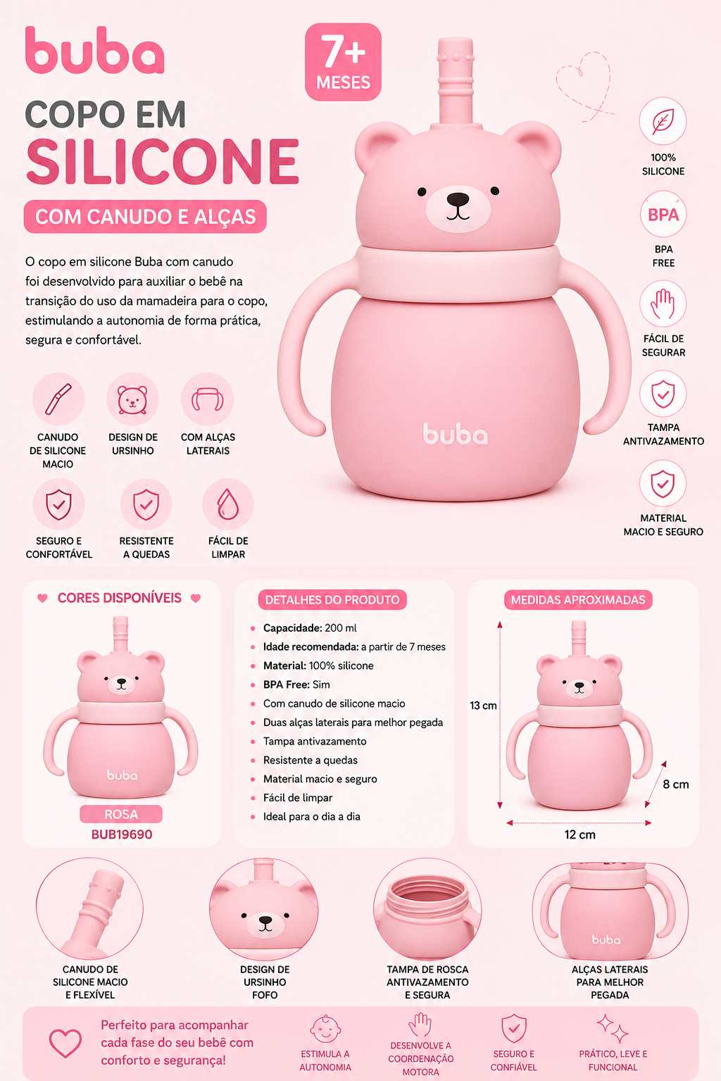 Buba Vaso de Silicona con Pajita Osito Rosa 200 ml – 7 Meses+ BUB19690