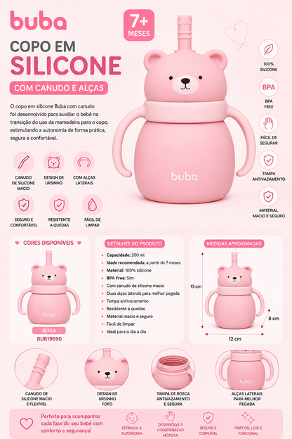 Buba Vaso de Silicona con Pajita Osito Rosa 200 ml – 7 Meses+ BUB19690