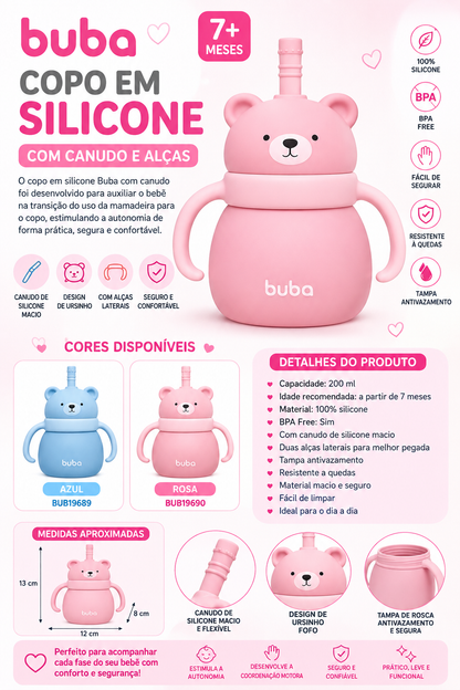 Buba Vaso de Silicona con Pajita Osito Rosa 200 ml – 7 Meses+ BUB19690