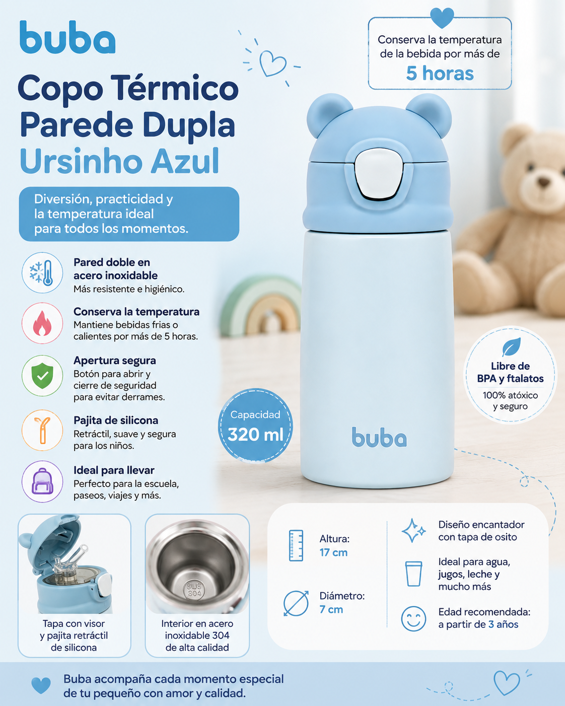 Buba Copo Térmico Parede Dupla Ursinho 320ml Azul – BUB18076