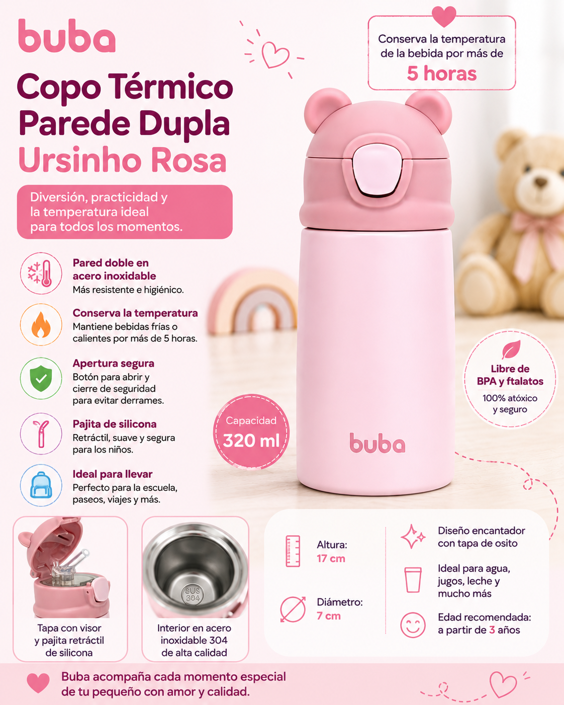 Buba Copo Térmico Parede Dupla Ursinho 320ml Rosa – BUB18077