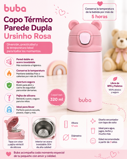 Buba Copo Térmico Parede Dupla Ursinho 320ml Rosa – BUB18077