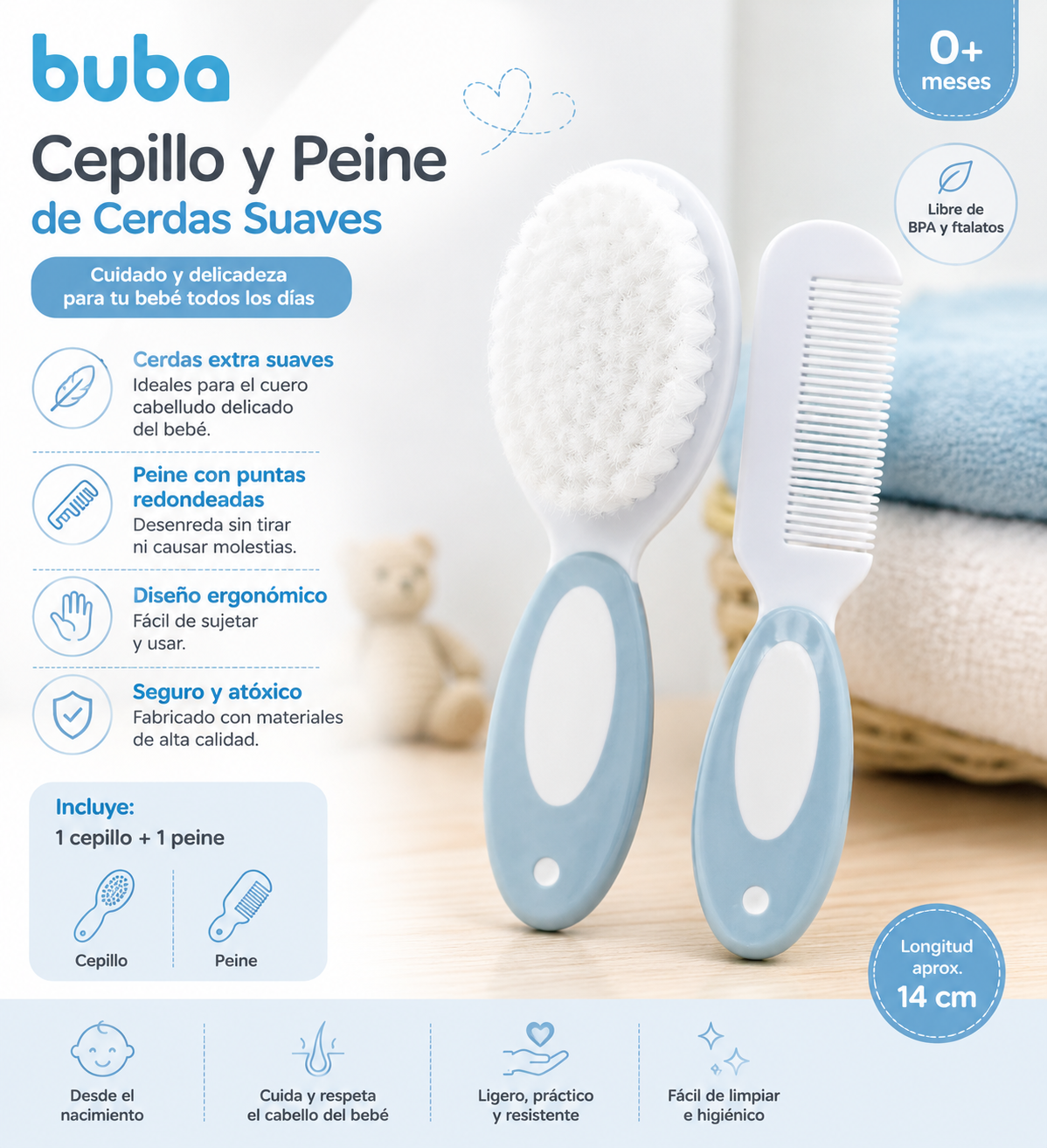 Buba Cepillo y Peine de Cerdas Suaves Azul – BUB12642🩵