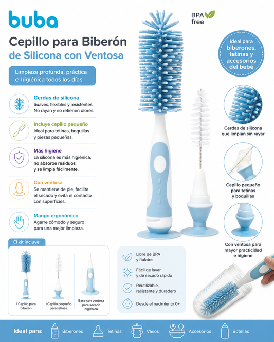 BUBA Cepillo para Biberón de Silicona con Ventosa Azul – BUB16275💚