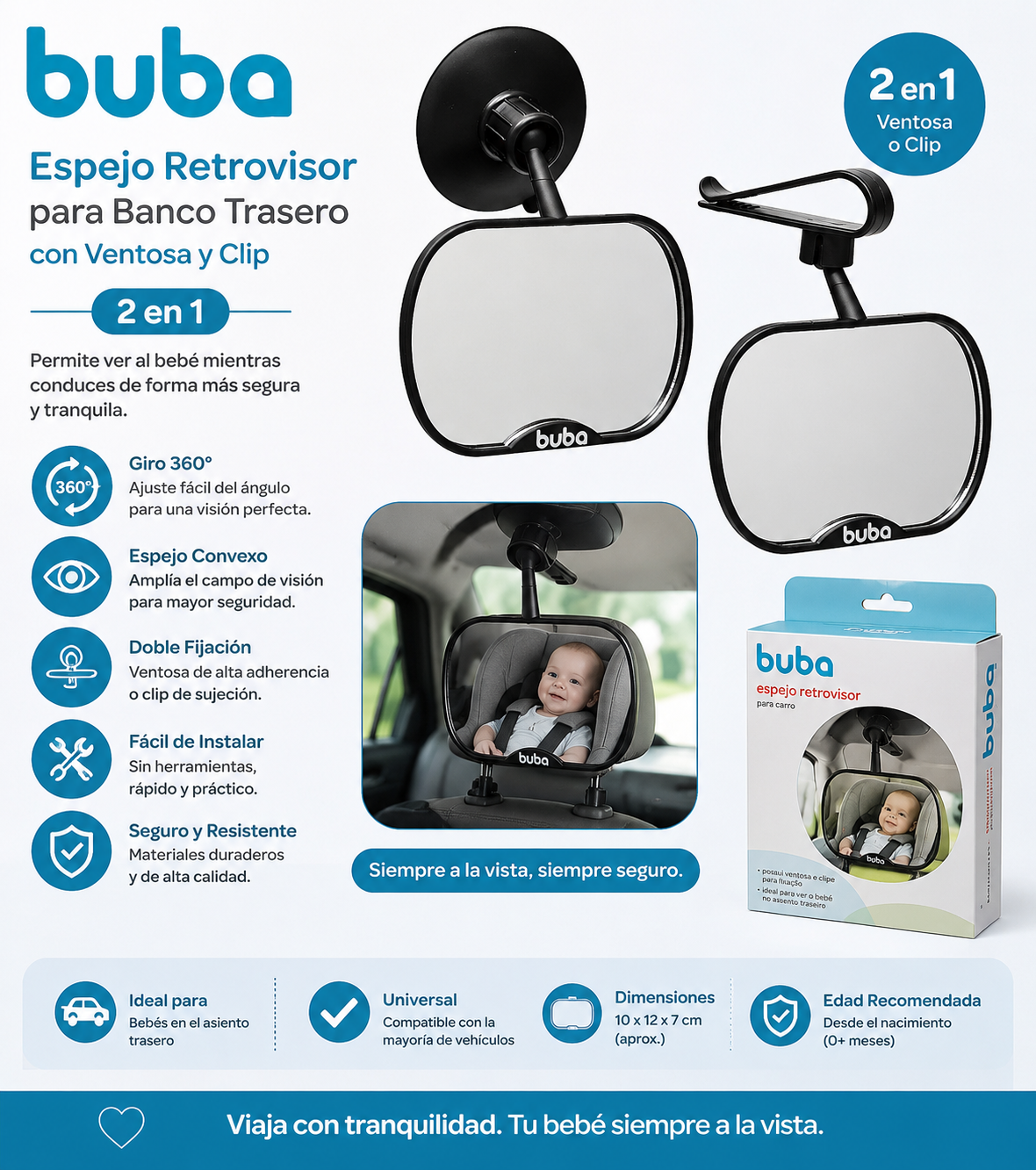 Buba Espejo Retrovisor para Bebé con Ventosa y Clip 2en1  – BUB8772