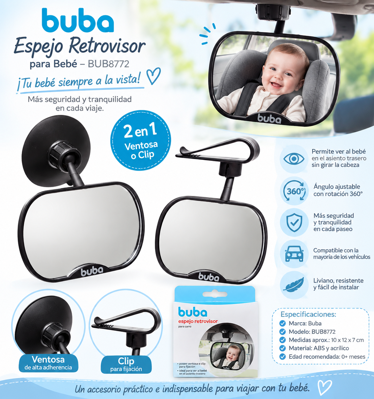 Buba Espejo Retrovisor para Bebé con Ventosa y Clip 2en1  – BUB8772
