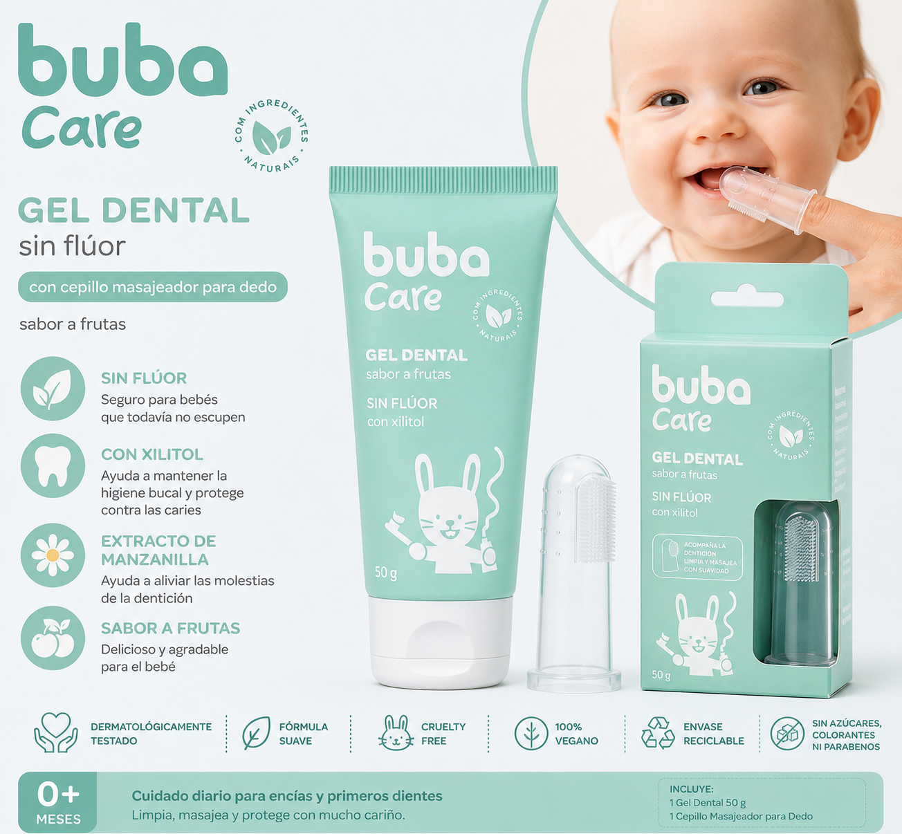 Buba Care Gel Dental sin Flúor con Cepillo Masajeador para Dedo – 50 g BUB16563