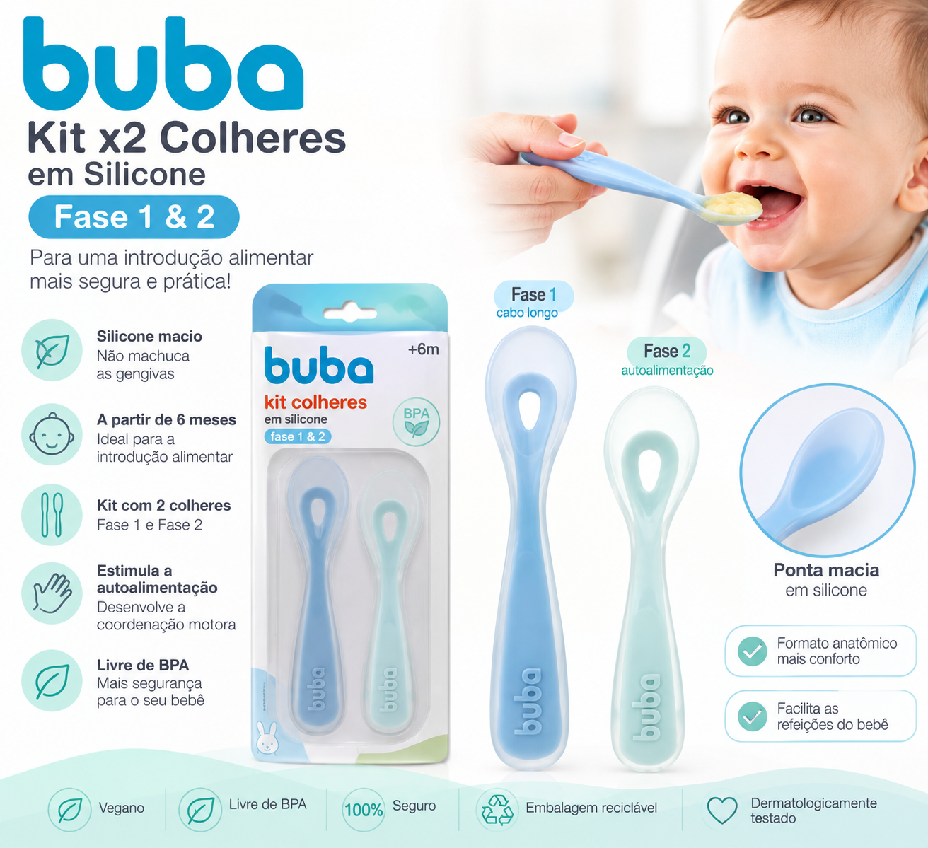 Buba Kit x2 Colheres em Silicone Fase 1 & 2 Azul – BUB18829 🩵