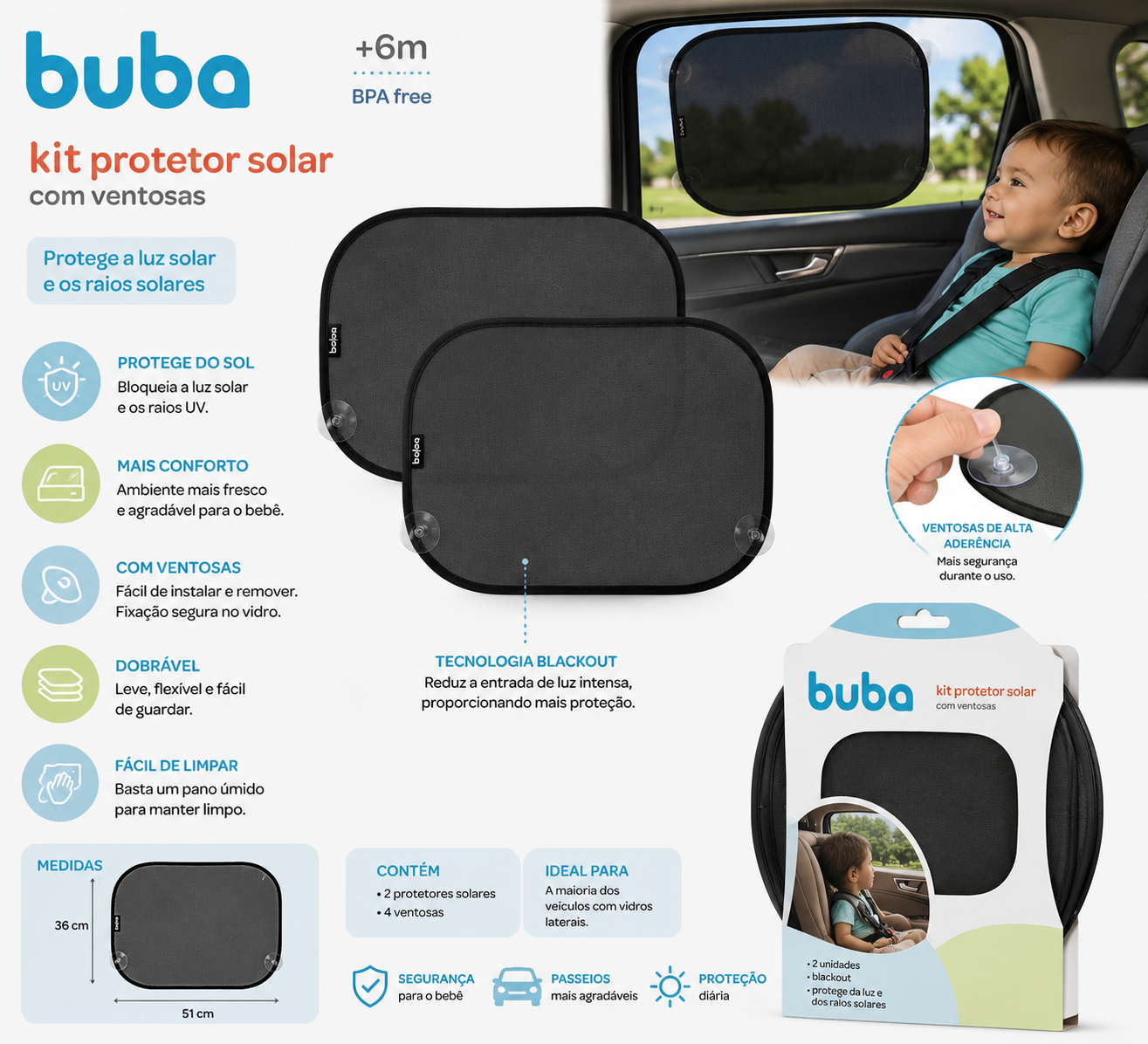 Buba Kit x2 Protectores Solares Blackout con Ventosas para Auto – BUB14461 💚