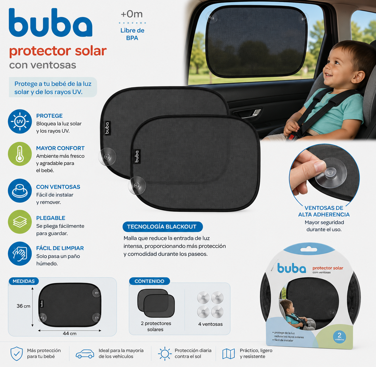 Buba Protector Solar para Auto con Ventosas – Kit x2 BlackOut
BUB10503 - Medidas: 44×36×1 cm