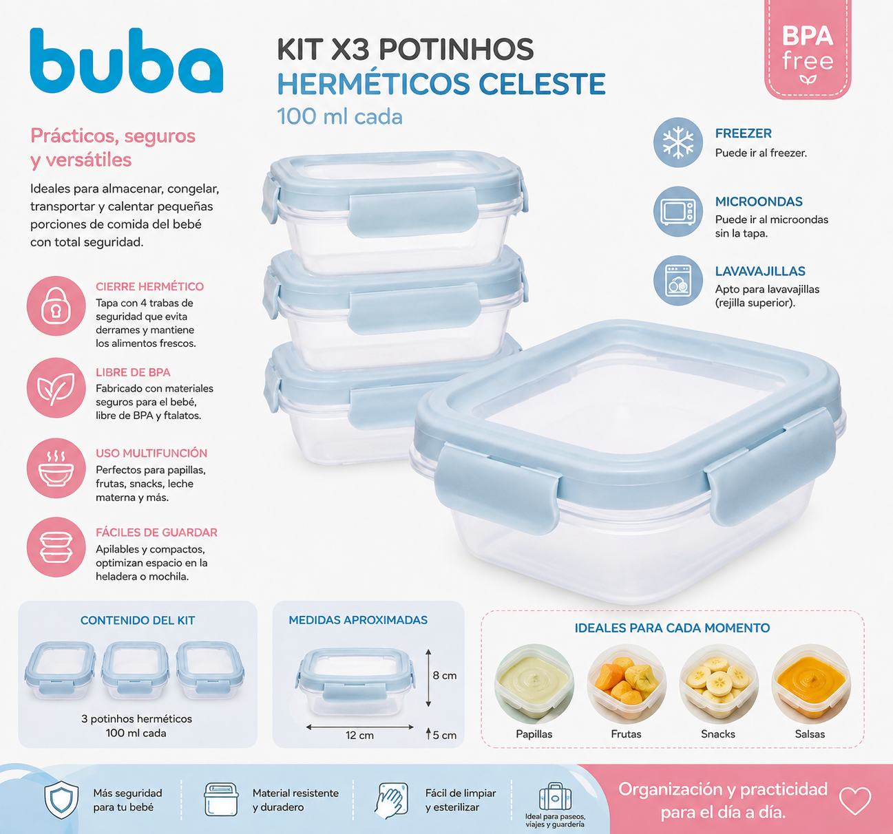 Buba Kit x3 Potinhos Herméticos Celeste 100 ml – BUB18057 🩵