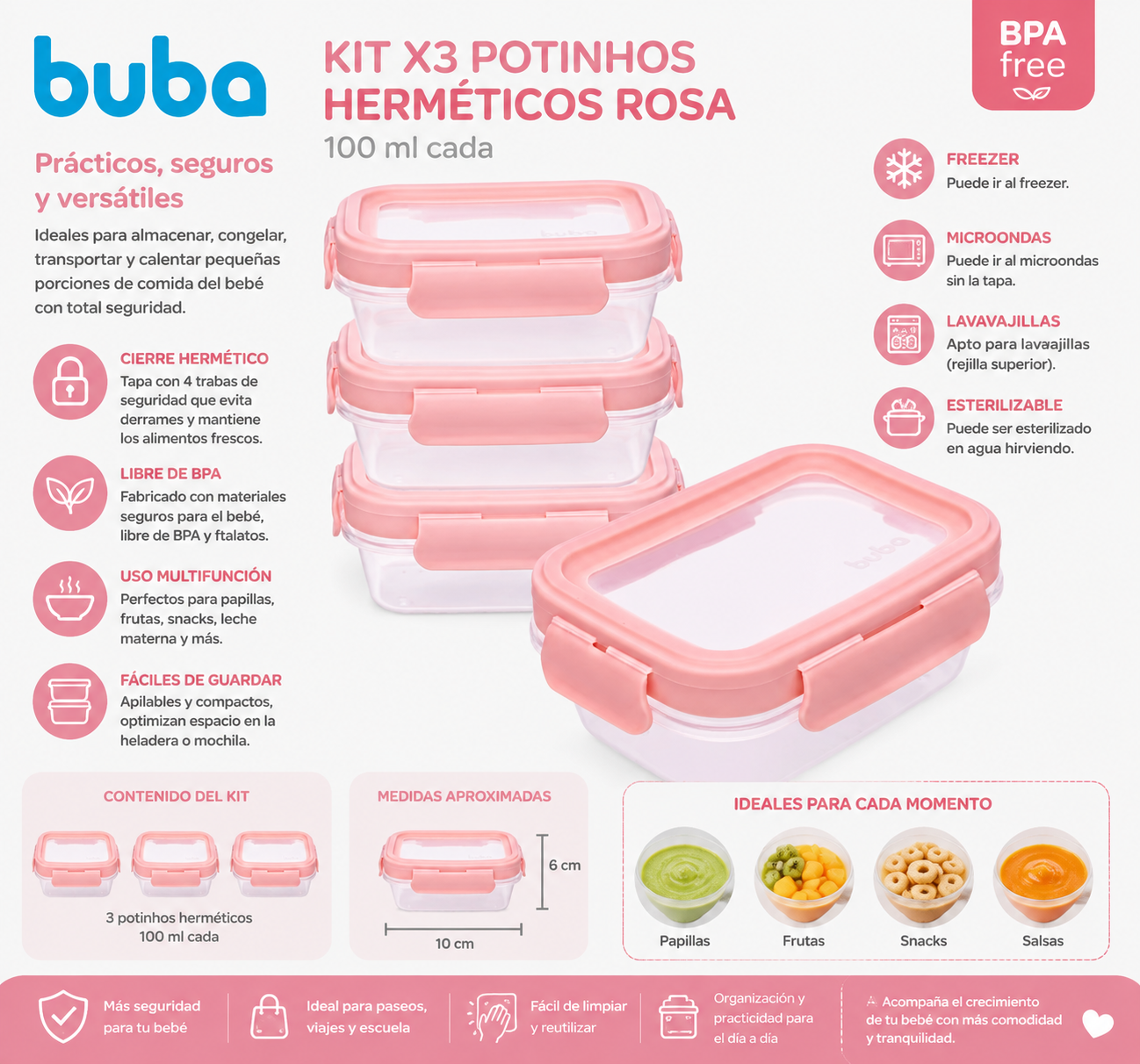 Buba Kit x3 Potinhos Herméticos Rosa 100 ml – BUB18059 🩷