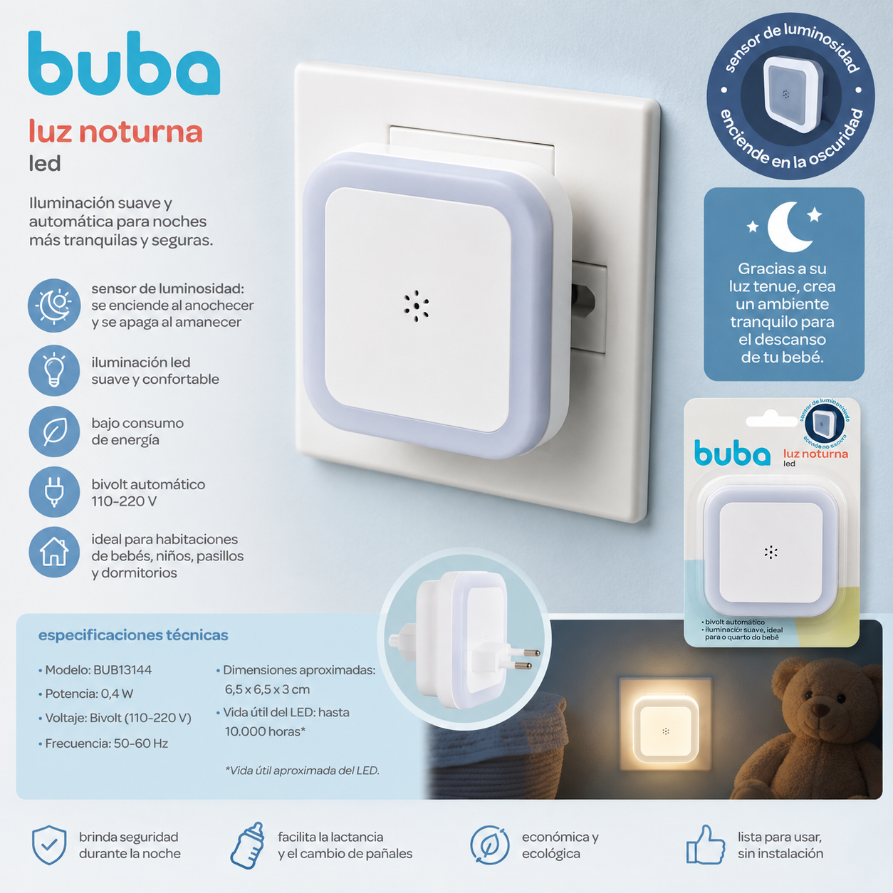 Buba Luz Noturna LED con Sensor de Luminosidad – BUB13144💚