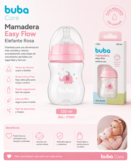 Buba Mamadera Easy Flow Elefante Rosa 120ml – BUB17249🩷
