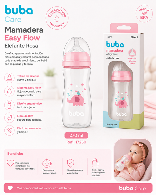 Buba Mamadera Easy Flow Elefante Rosa 270ml – BUB17250🩷
