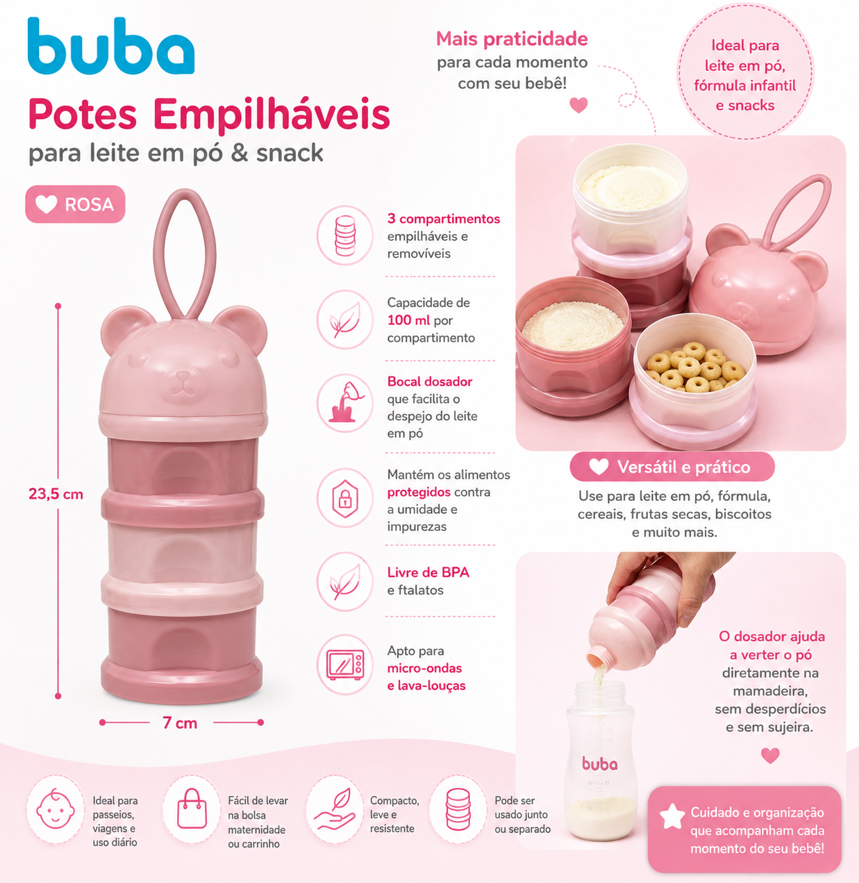 Buba Potes Empilháveis para Leite em Pó & Snack Rosa – BUB21020 🩷