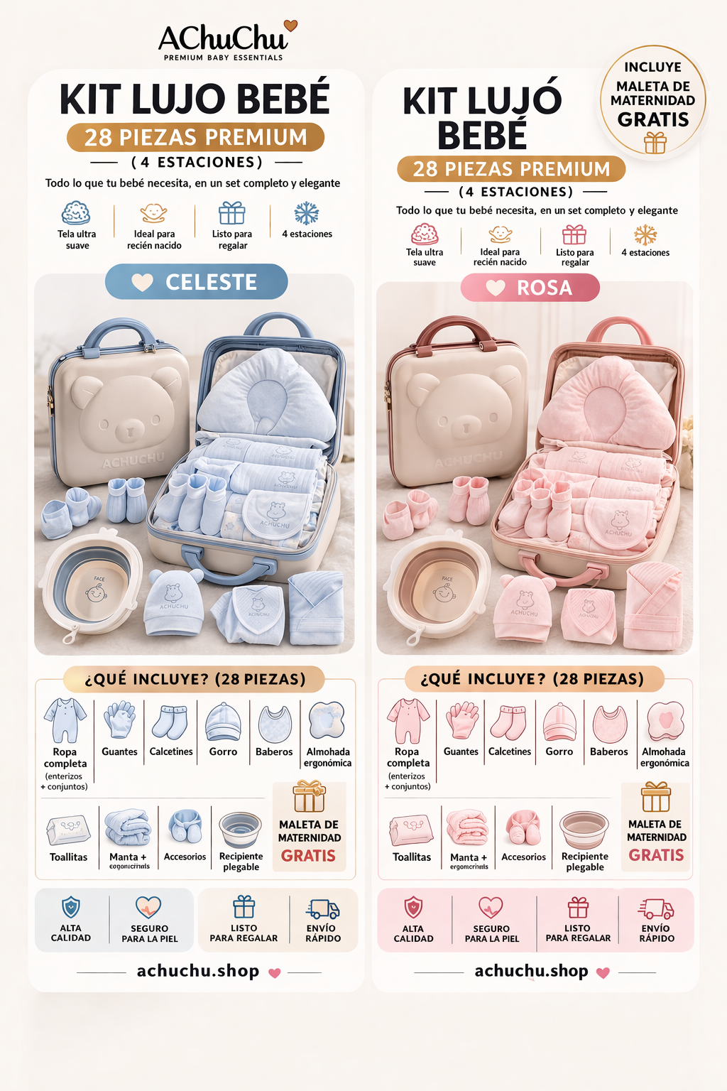 KUTOGLAMI MALETA SALIDA DE MATERNIDAD 28PCS CELESTE / ROSA A60128 🩵🩷