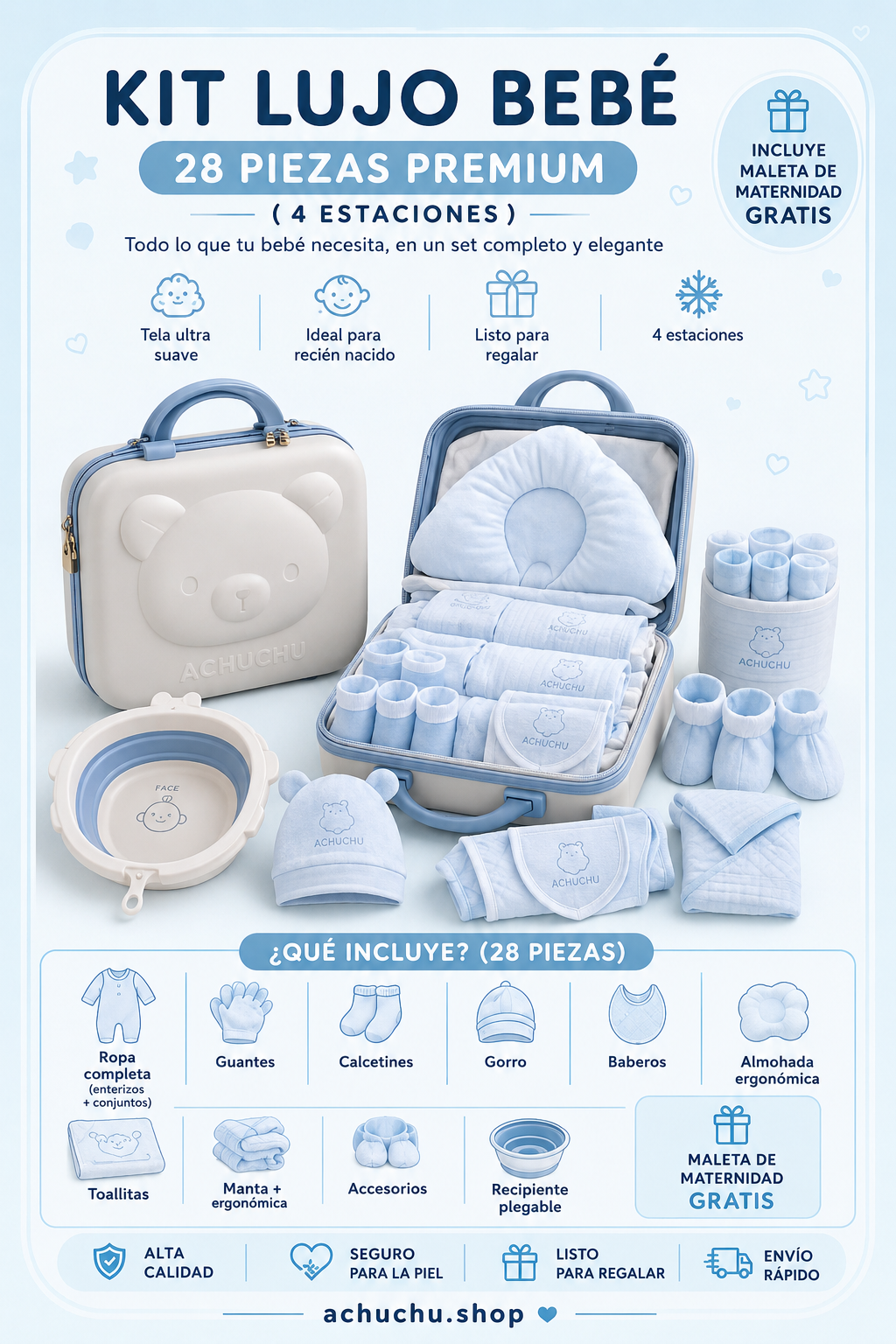 KUTOGLAMI MALETA SALIDA DE MATERNIDAD 28PCS CELESTE / ROSA A60128 🩵🩷