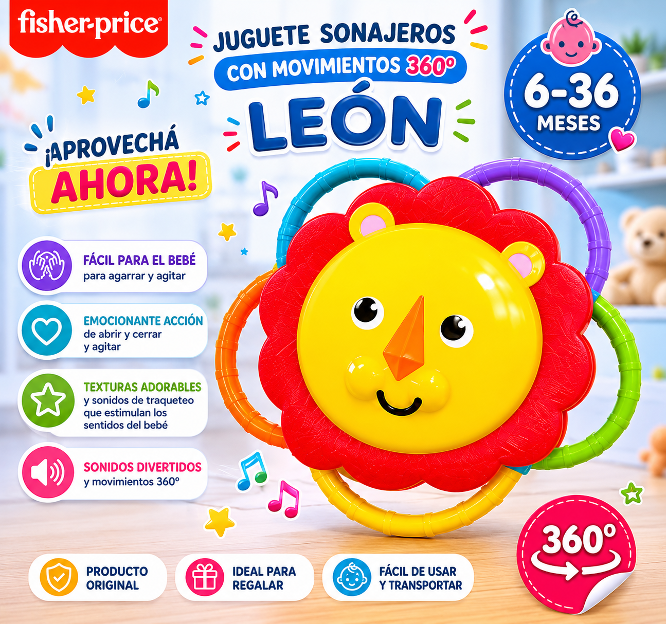 ❤️ FISHER PRICE JUGUETE SONAJEROS CON MOVIMIENTOS 360º LEON 6-36 MESES FVF42 - 656893 ( Promoción 50% off )