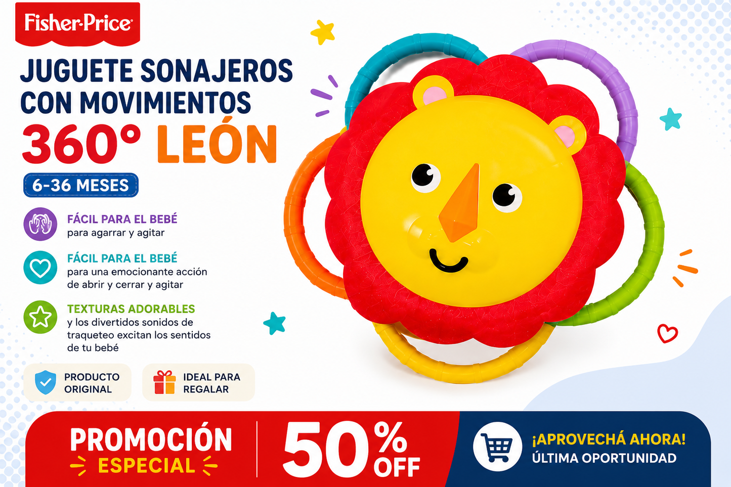 ❤️ FISHER PRICE JUGUETE SONAJEROS CON MOVIMIENTOS 360º LEON 6-36 MESES FVF42 - 656893 ( Promoción 50% off )