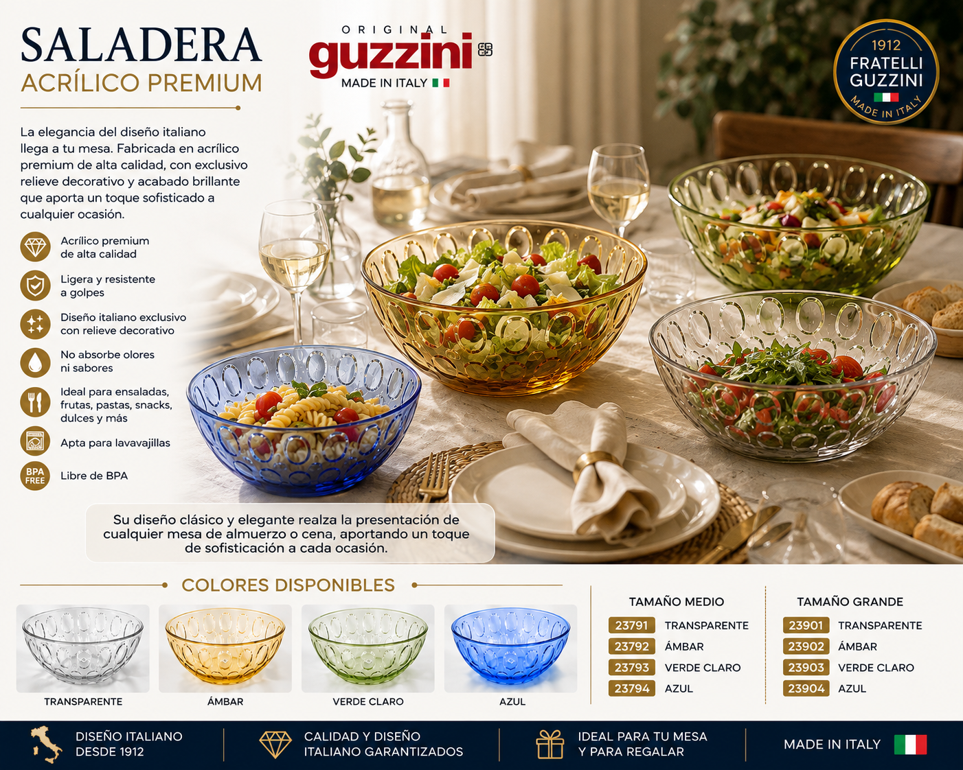 Cocina ✨ Fratelli Guzzini Saladera Acrílico Premium – Diseño Clásico Italiano 4 Colores✨