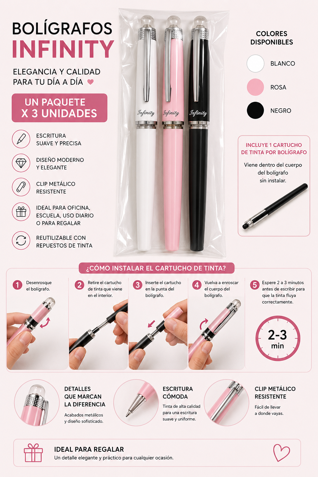 Bolígrafo Infinity – Elegancia ✨ Set de 3 Bolígrafos Premium (Negro - Branco - Rosa) 🖤🤍🩷
