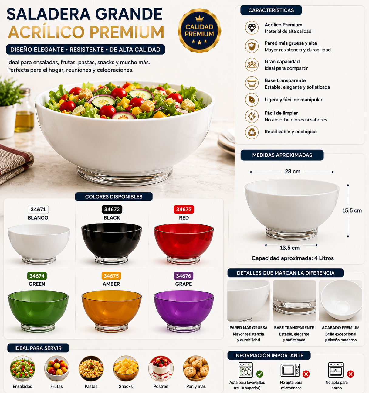 Cocina✨ Saladera Grande de Acrílico Premium. La combinación de sus paredes gruesas, mayor altura y su elegante base transparente convierte esta saladera en una opción premium 🧡🖤💚❤️💜🤍