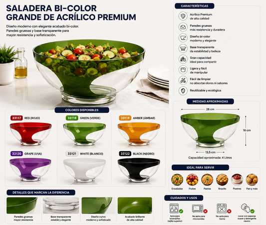 Cocina✨ Saladera Bi-Color Grande de Acrílico Premium - 6 Colores Disponibles 🧡🖤💚❤️💜🤍