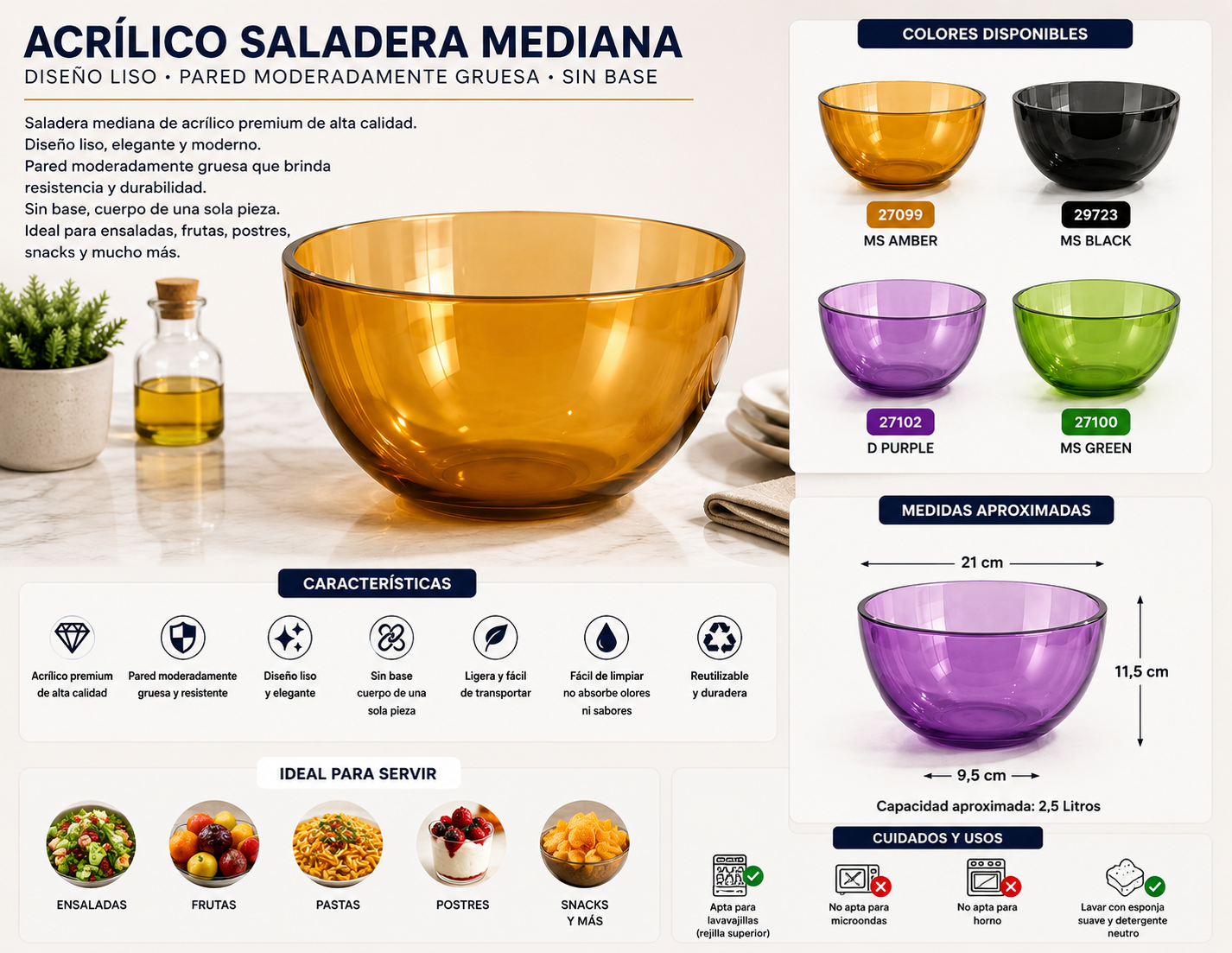 Cocina✨ Acrílico Saladera Mediana Premium 4 colores ✨ Una pieza práctica, resistente y elegante que realza la presentación de cualquier preparación con un estilo moderno y sofisticado 🖤💜💚🧡