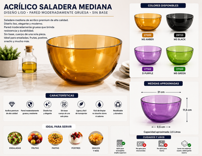 Cocina✨ Acrílico Saladera Mediana Premium 4 colores ✨ Una pieza práctica, resistente y elegante que realza la presentación de cualquier preparación con un estilo moderno y sofisticado 🖤💜💚🧡