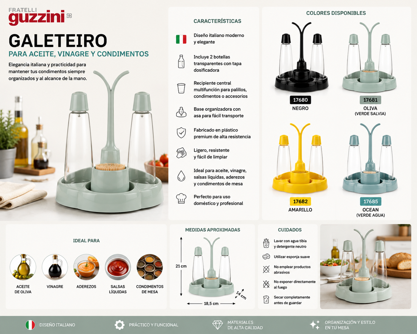 Cocina✨ Fratelli Guzzini Galeteiro para Aceite, Vinagre y Condimentos 4 Colores🧡