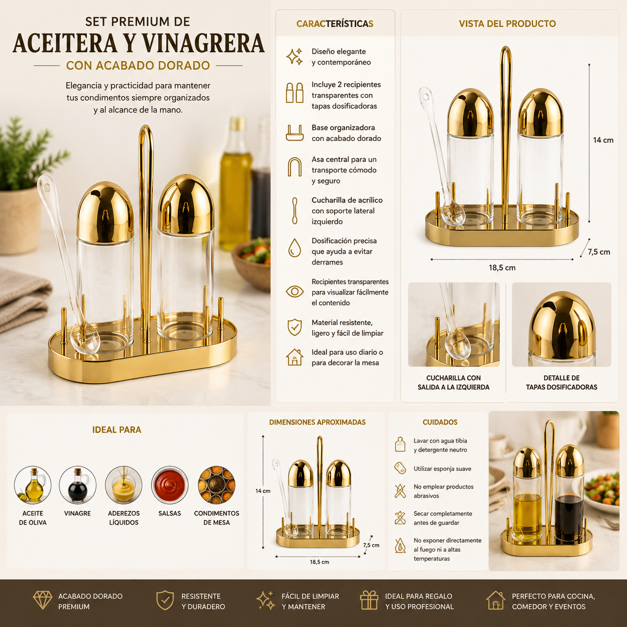 Cocina✨ Set Premium de Aceitera y Vinagrera con Acabado Dorado 💛