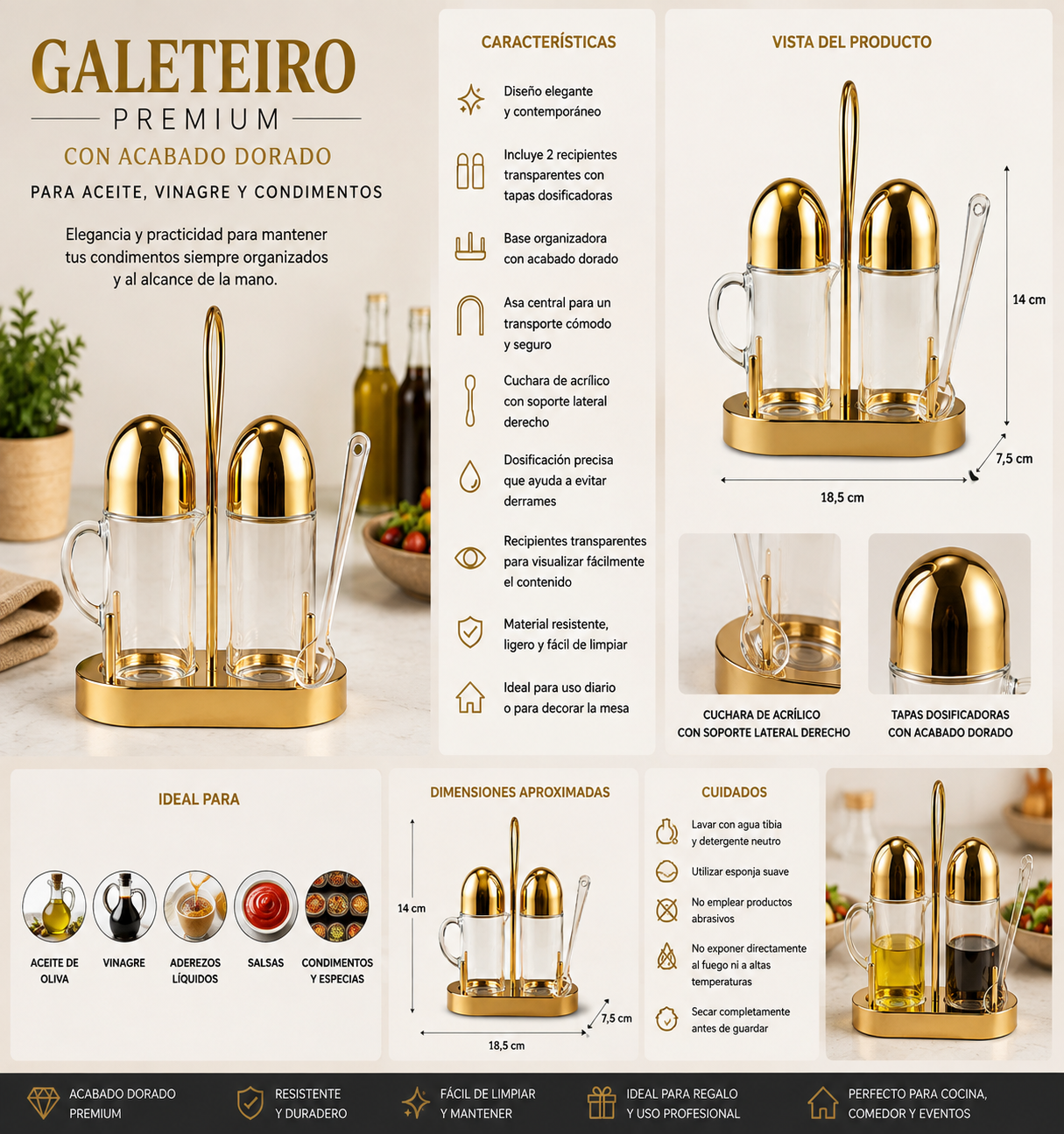 Cocina✨ Galetero Premium para Aceite, Vinagre y Condimentos con Acabado Dorado 💛
