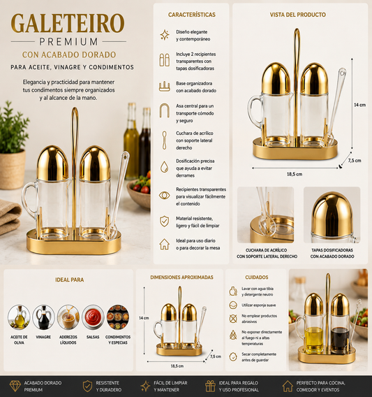 Cocina✨ Galetero Premium para Aceite, Vinagre y Condimentos con Acabado Dorado 💛