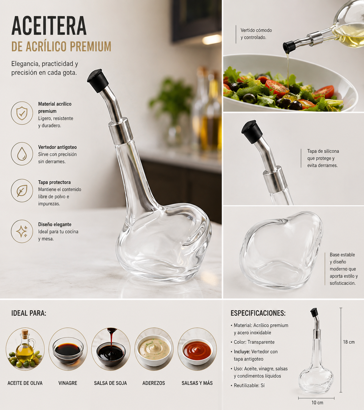 Cocina✨ Aceitera de Acrílico Premium con Vertedor Antigoteo