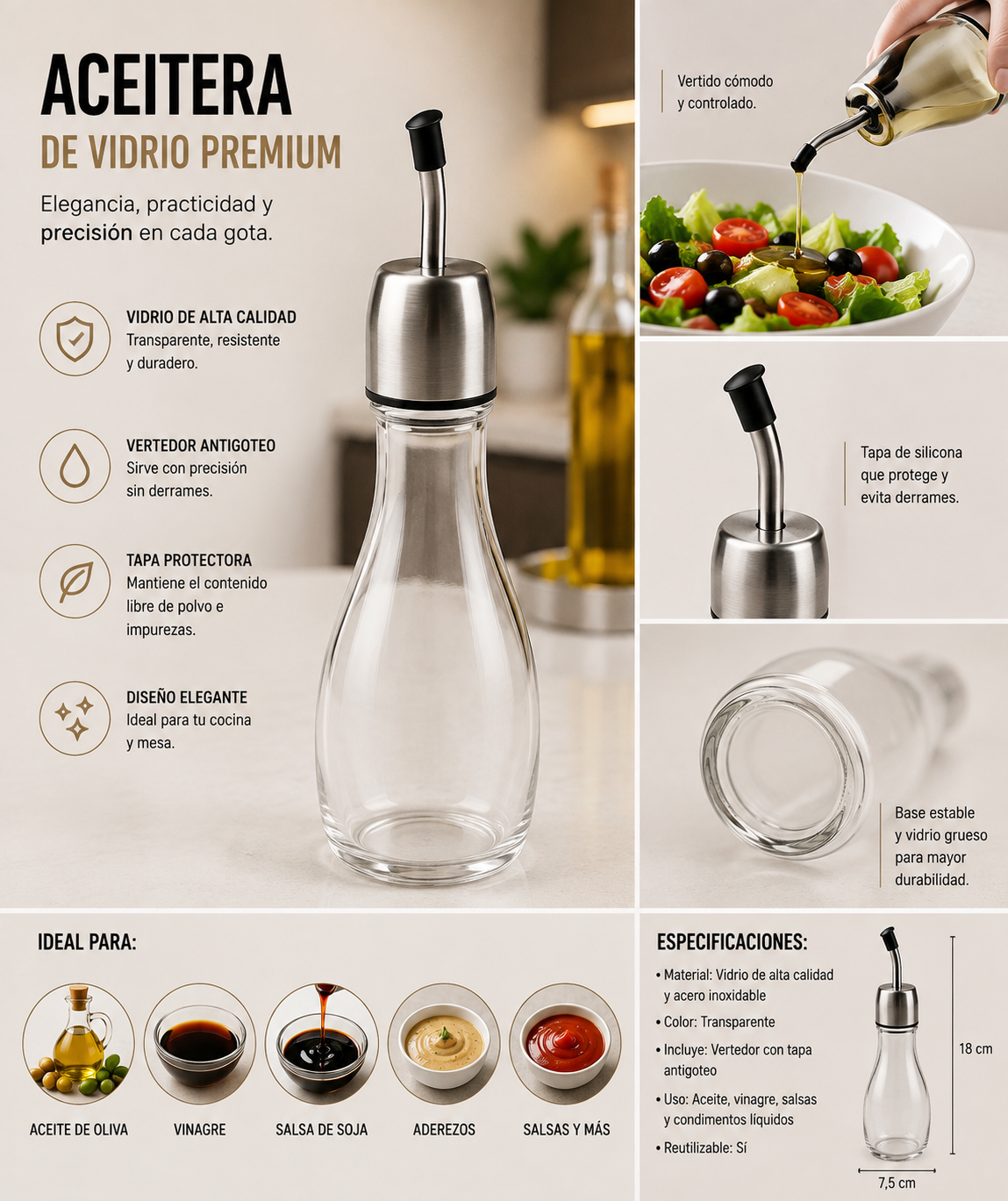 Cocina✨ Aceitera de Vidrio con Vertedor Antigoteo