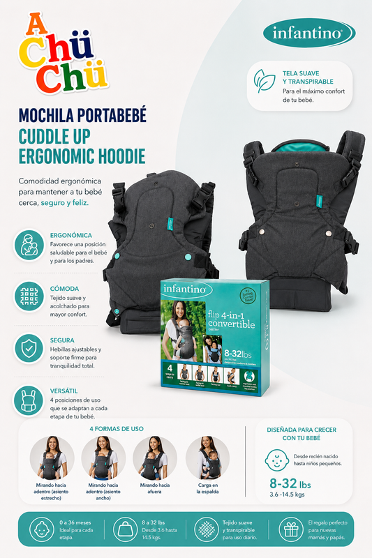 💚 INFANTINO PORTA BEBE CONVERTIBLE 4EN1 - GRIS/NEGRO CH11