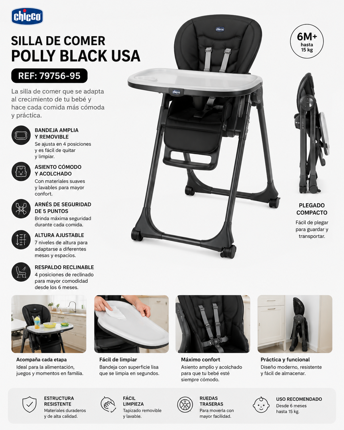 Chicco Silla de Comer Polly Black Usa 6-36 Meses - 79756-95 - 712226