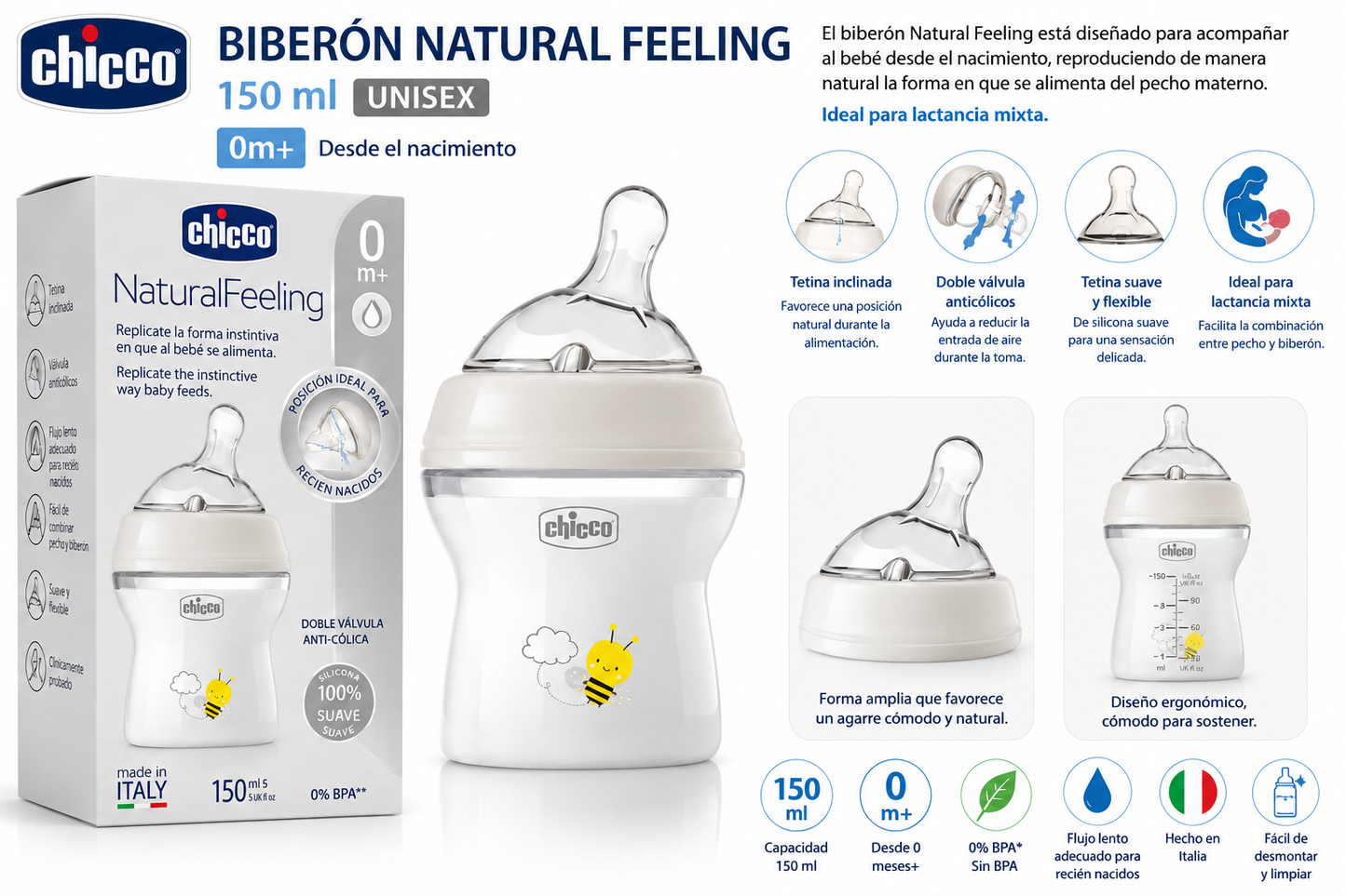 Chicco Biberón Natural Feeling 150 ml 0m+ Unissex 81311-30 – 153657💚