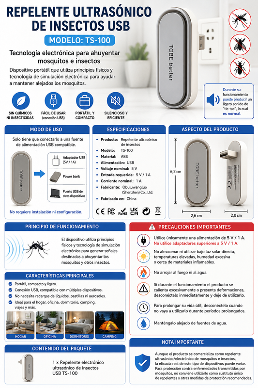🦟 Repelente ultrasónico de insectos C/ Tecnología Inteligentes de Ondas Sónicas p/ Casa USB – Modelo TS100 💚