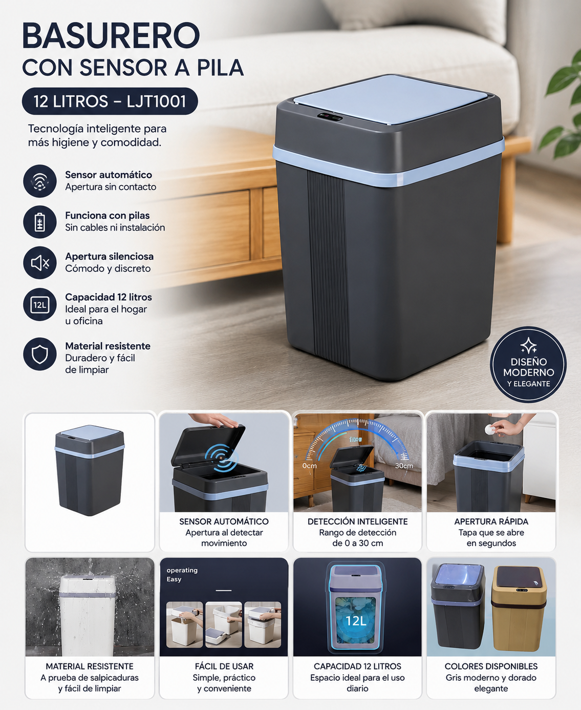 BASURERO CON SENSOR A PILA 12 LITROS – LJT1001