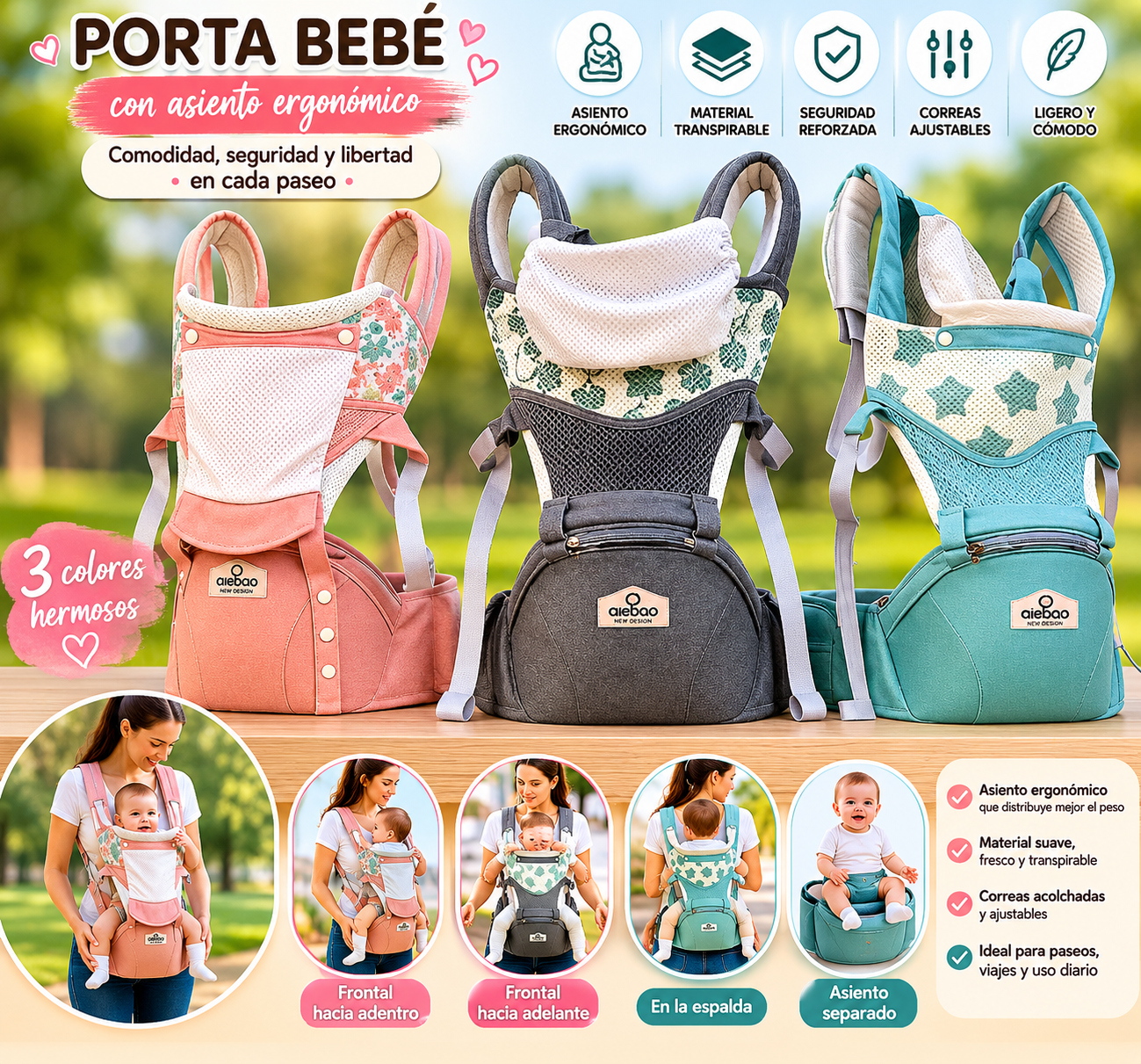 Aiebao porta bebé c/ asiento verde 3-36m - 576200 - A6620
