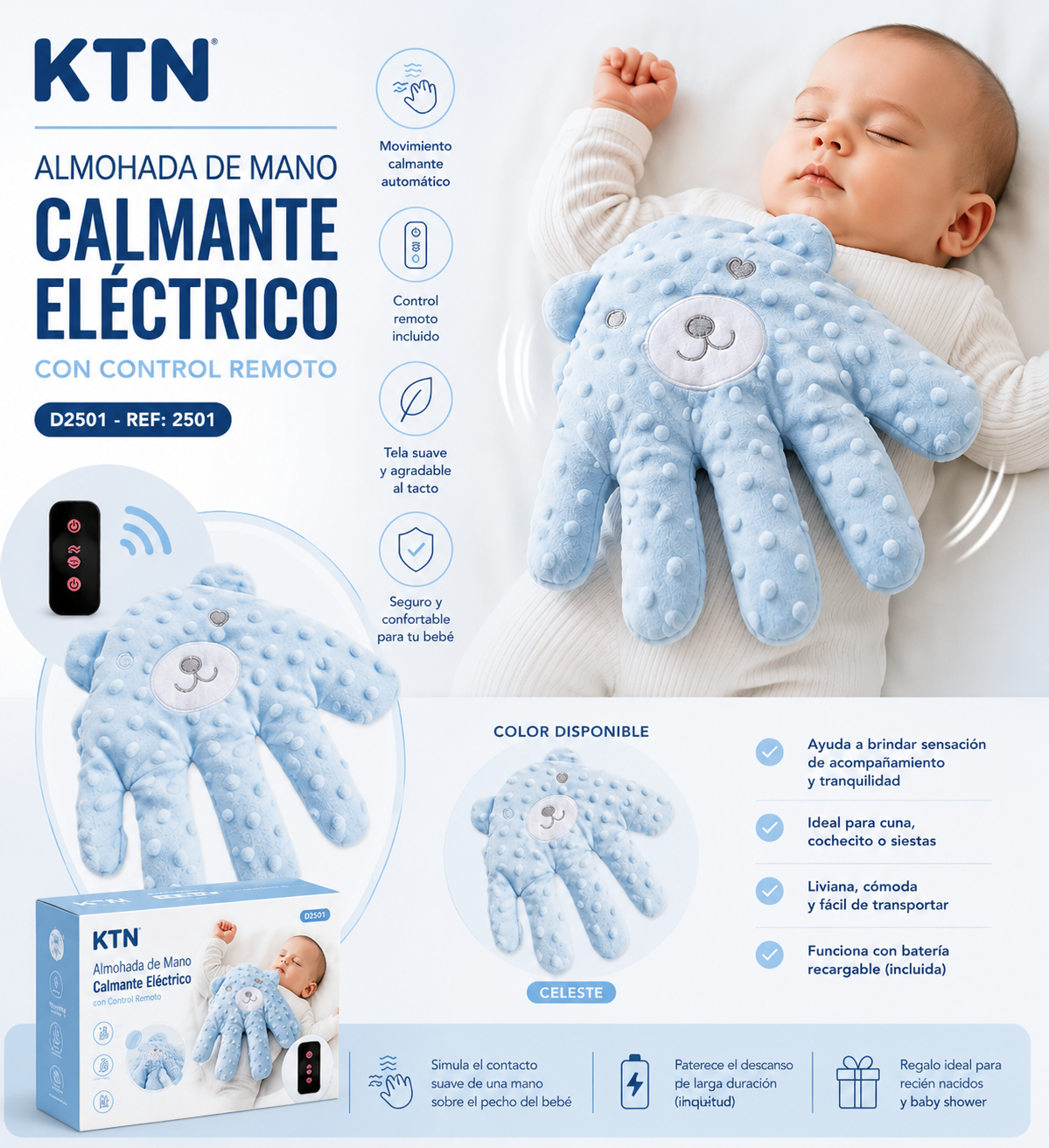 BEBÉ ALMOHADA DE MANO CALMANTE  ELECTRICO C/CONTROL D2501 - 2501 🩶