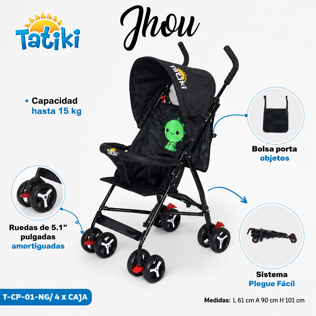 El Carrito Paraguas Jhon de Tatiki es una opción práctica, liviana y cómoda para los paseos diarios con el bebé. Su diseño compacto y sistema de plegado fácil permiten transportarlo y guardarlo ocupando poco espacio. TCP01