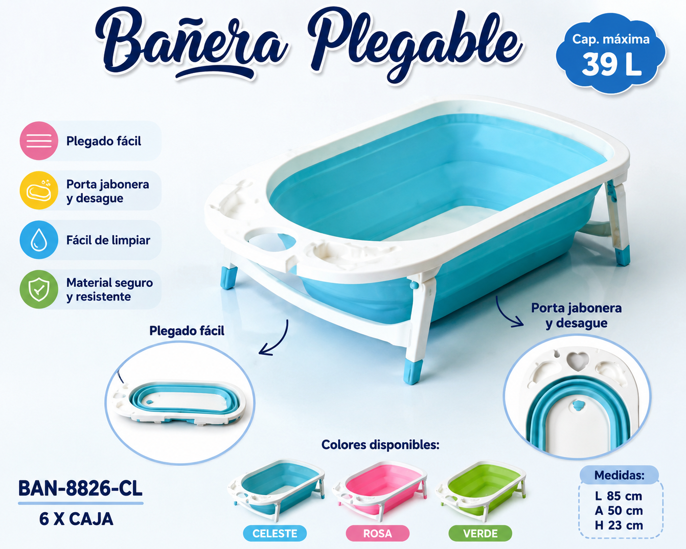 BAÑERA PLEGABLE PARA BEBÉ BLUE 0M+ 39 L | 8826C