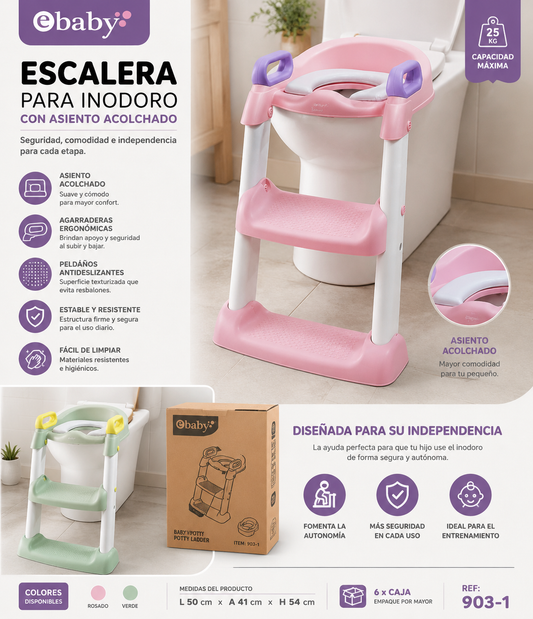 EBaby Escalera para Inodoro Infantil con Asiento Acolchado Bano Ref: 903-1-RS (Rosa) 903-1-VE (Verde)