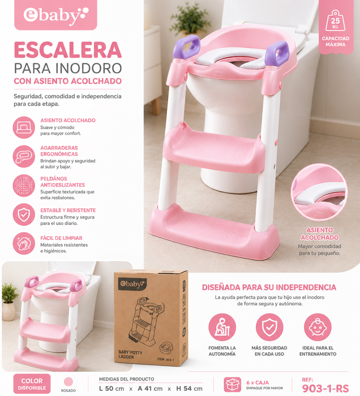 EBaby Escalera para Inodoro Infantil con Asiento Acolchado Bano Ref: 903-1-RS (Rosa) 903-1-VE (Verde)