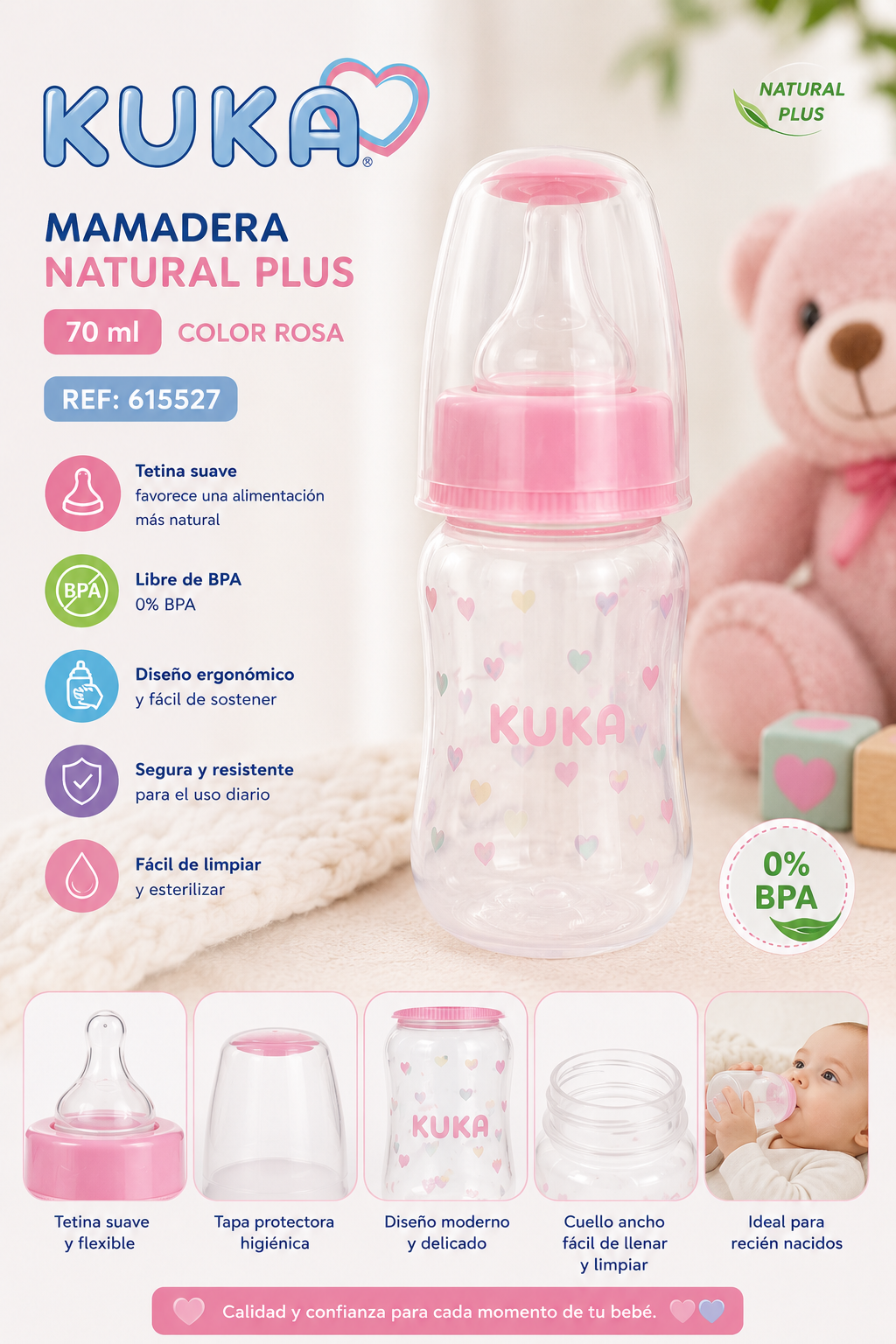 💚 KUKA Mamadera Natural Plus 70 ml – Rosa - 615527
